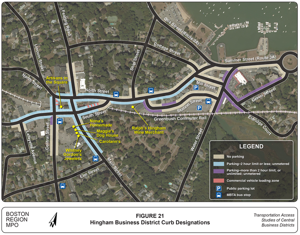 Hingham Business District Curb Designations
This figure is a map showing the curb lane designations in the Hingham central business district, and the businesses where customer surveying was conducted.
